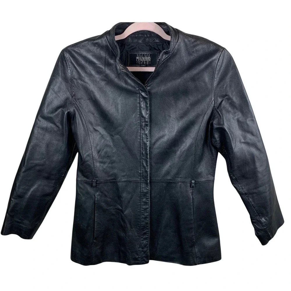 Wilsons Leather Pelle‎ Studio Black Leather Jacket Stand Collar Zip Womens Large